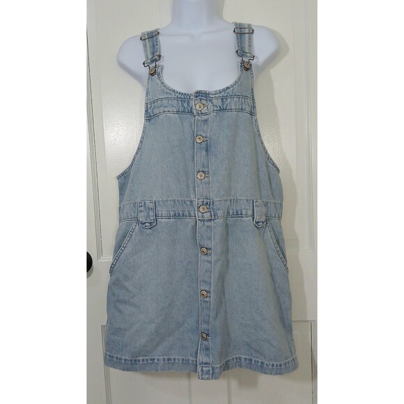 Free People We The Free Denim Pinafore Dress Light Wash Button Front Mini Large - Picture 3 of 16